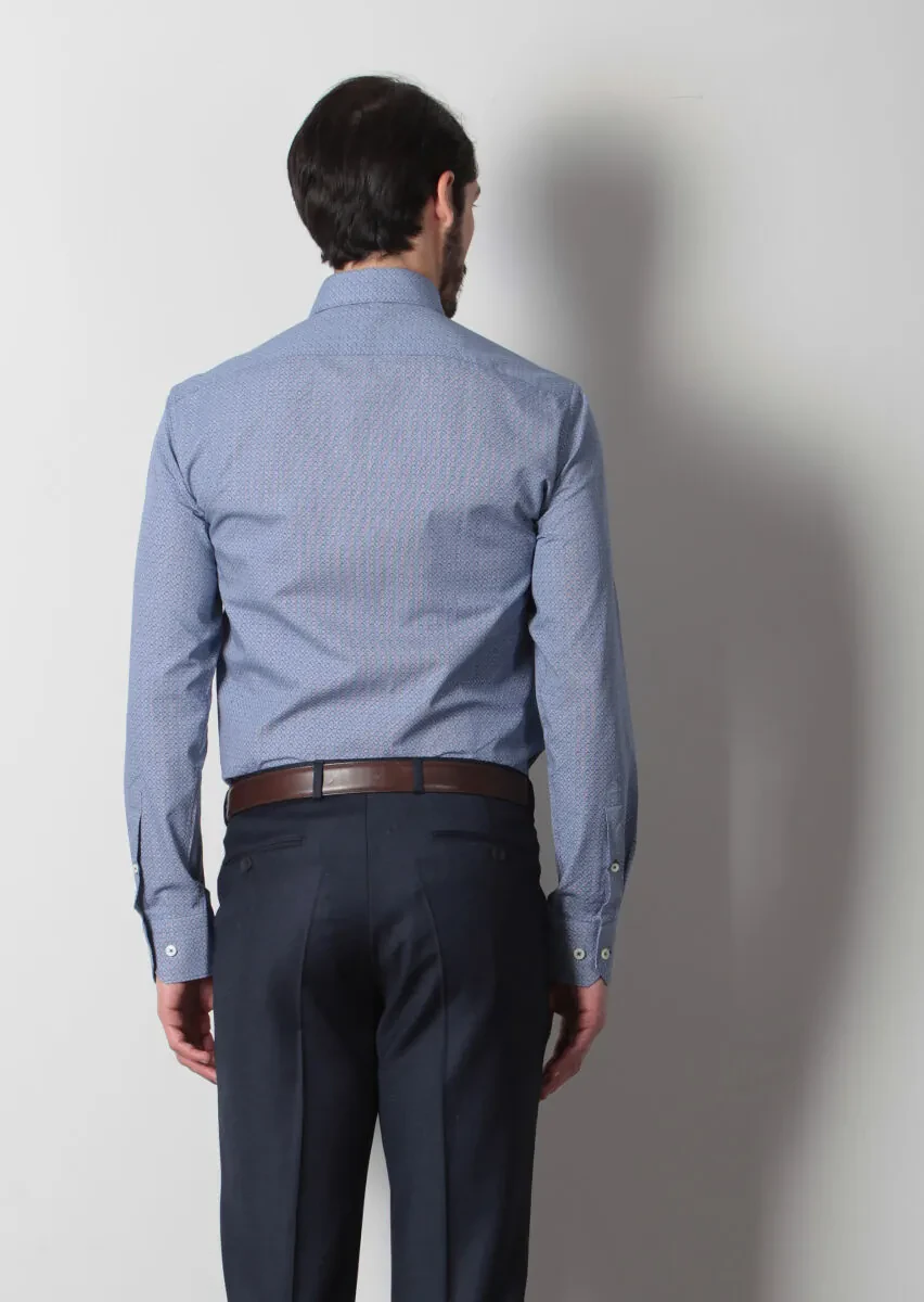 Navy Blue Printed Slim Fit Weaving Classical 100% Cotton Shirt - 5