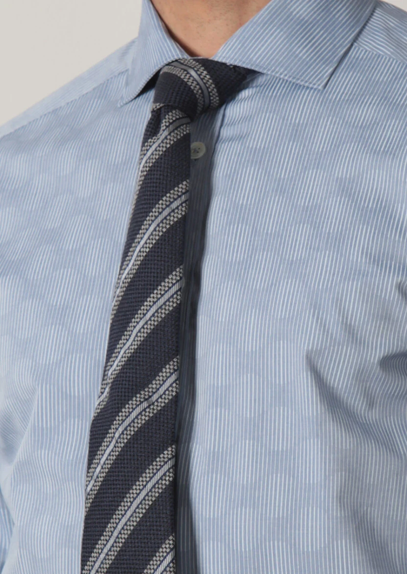 Navy Blue Printed Slim Fit Weaving Classical 100% Cotton Shirt - 4