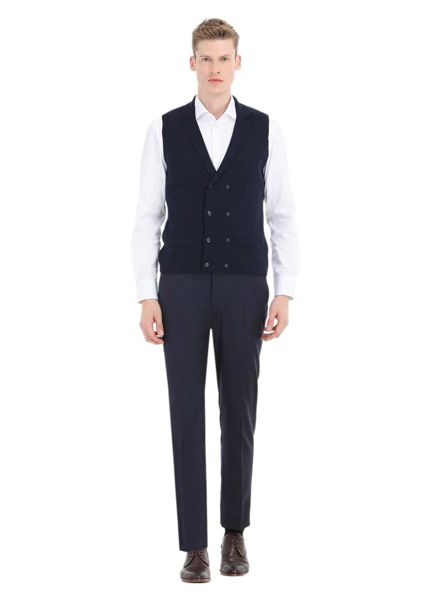 Navy Blue Regular Fit Butterfly Collar Casual Knitting Knit Vest - RAMSEY