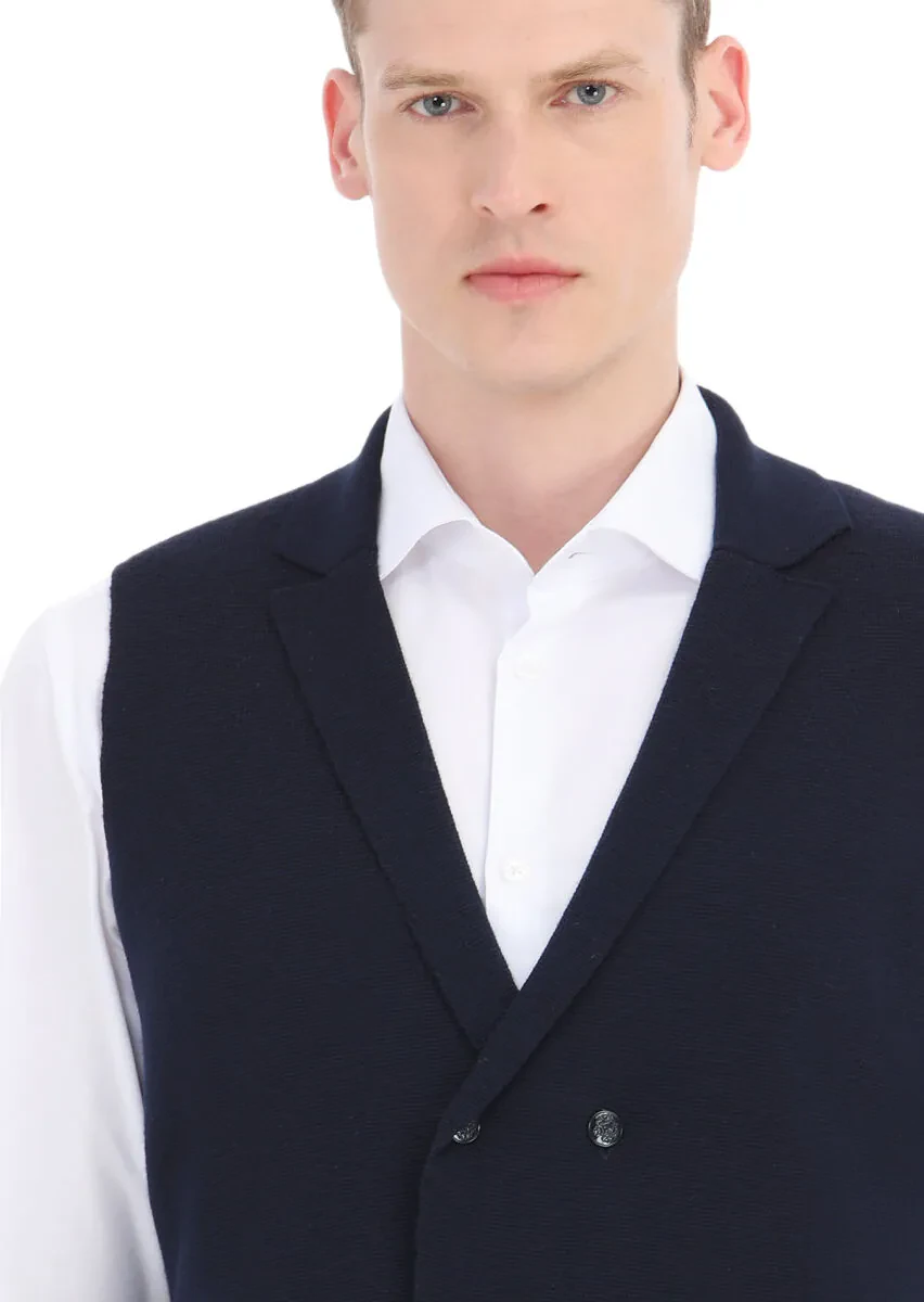 Navy Blue Regular Fit Butterfly Collar Casual Knitting Knit Vest - 3