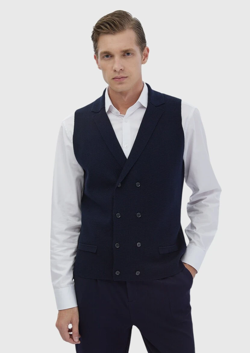 Navy Blue Regular Fit Butterfly Collar Casual Knitting Knit Vest - RAMSEY