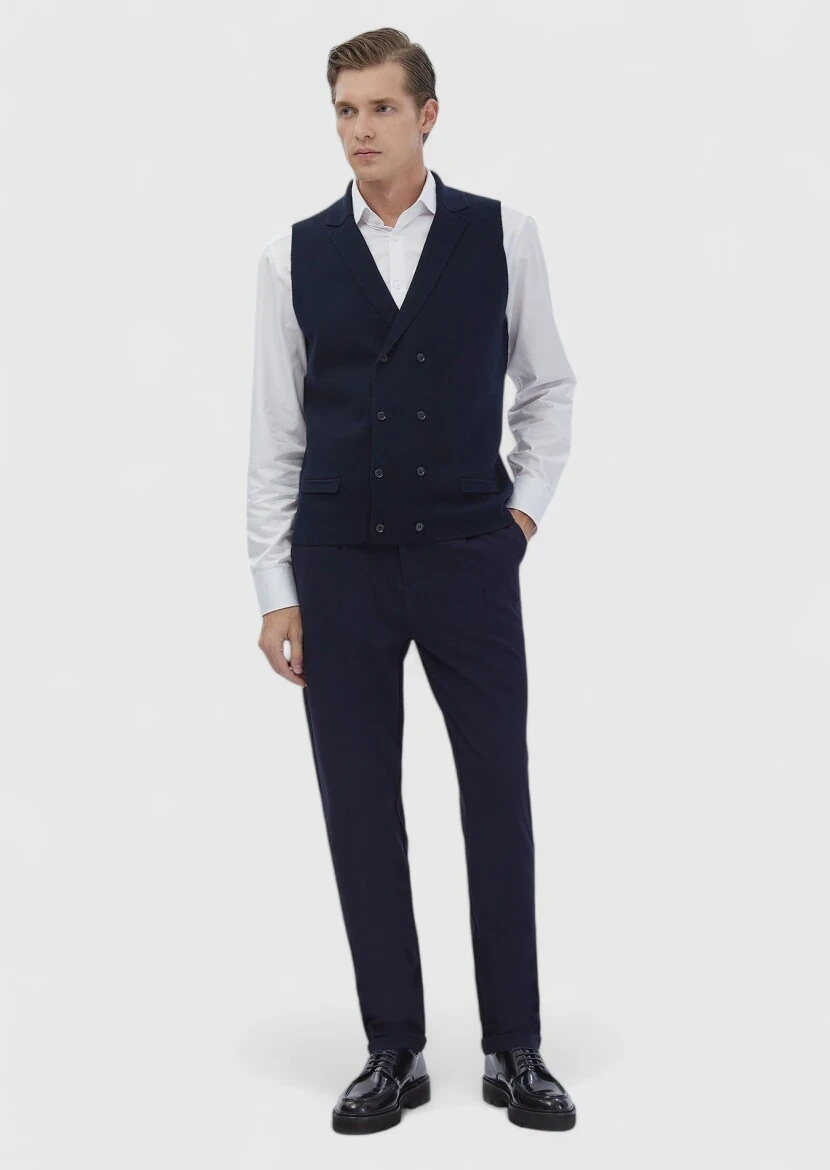 Navy Blue Regular Fit Butterfly Collar Casual Knitting Knit Vest - RAMSEY