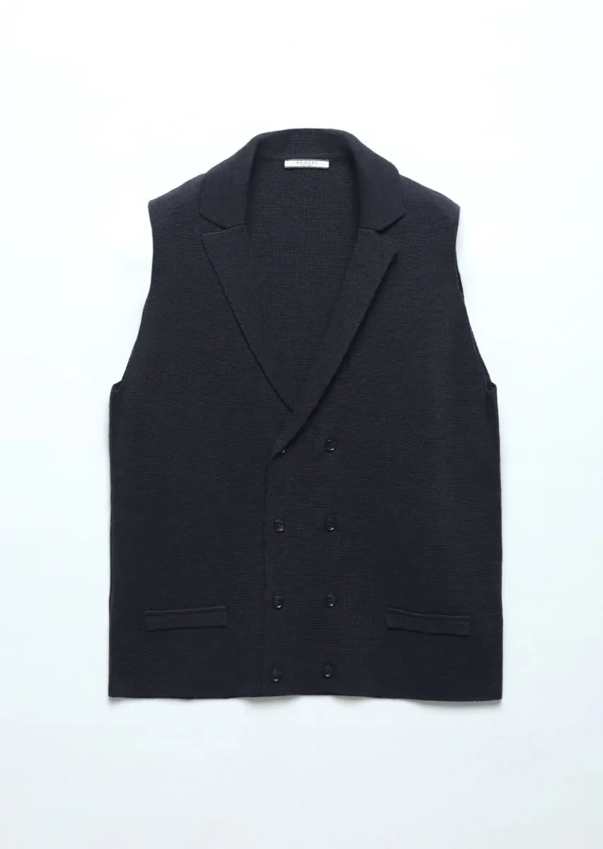 Navy Blue Regular Fit Butterfly Collar Casual Knitting Knit Vest - 6