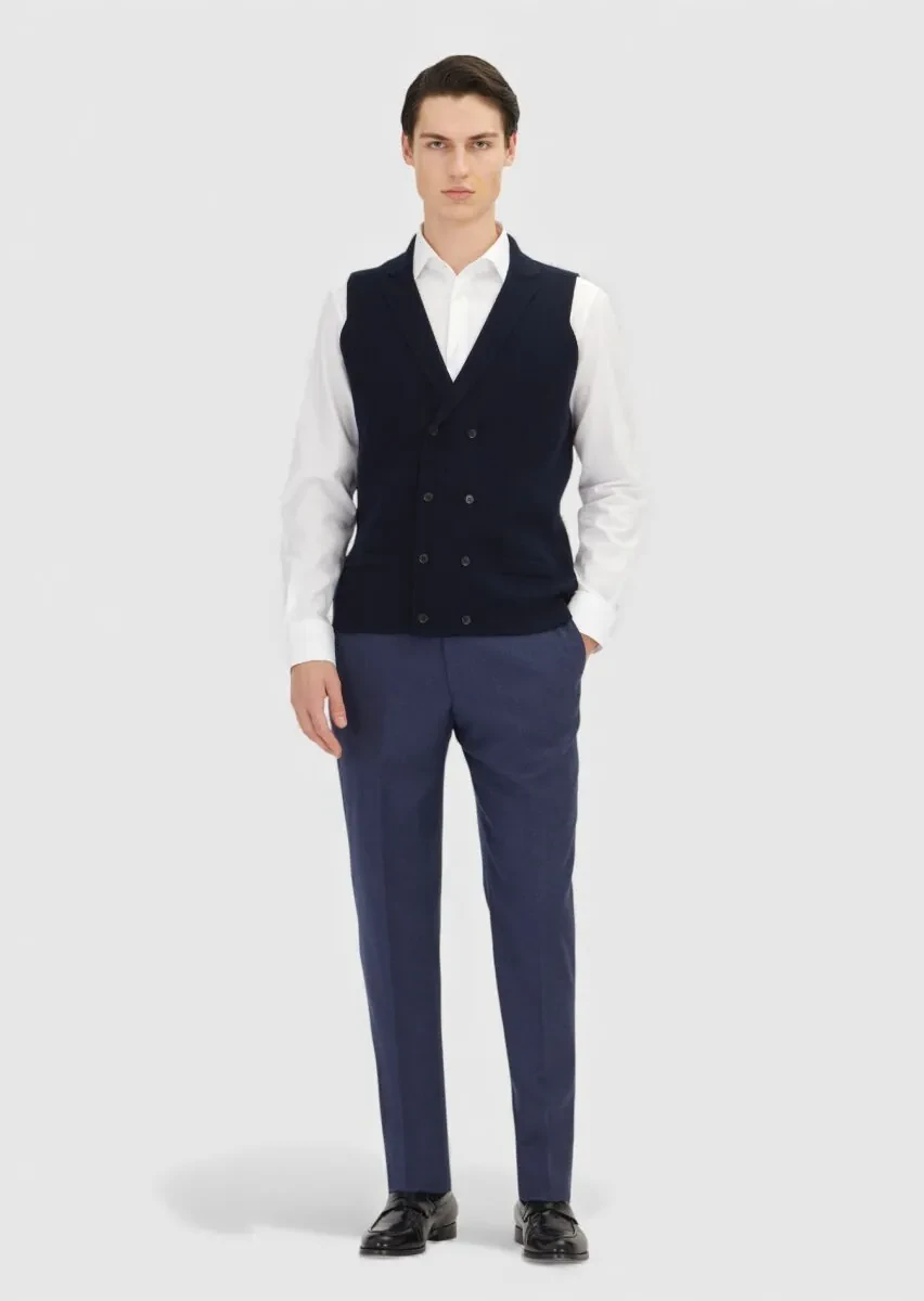 Navy Blue Regular Fit Butterfly Collar Casual Knitting Knit Vest - 2