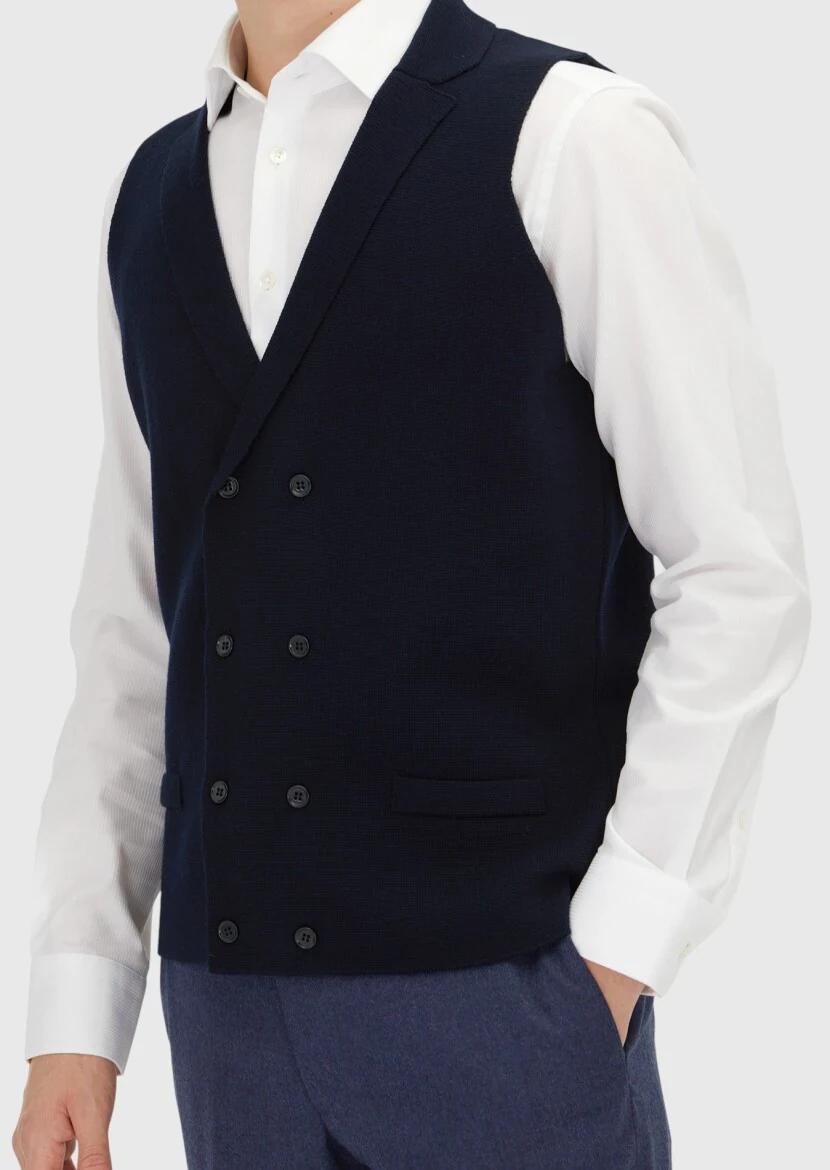 Navy Blue Regular Fit Butterfly Collar Casual Knitting Knit Vest - 3