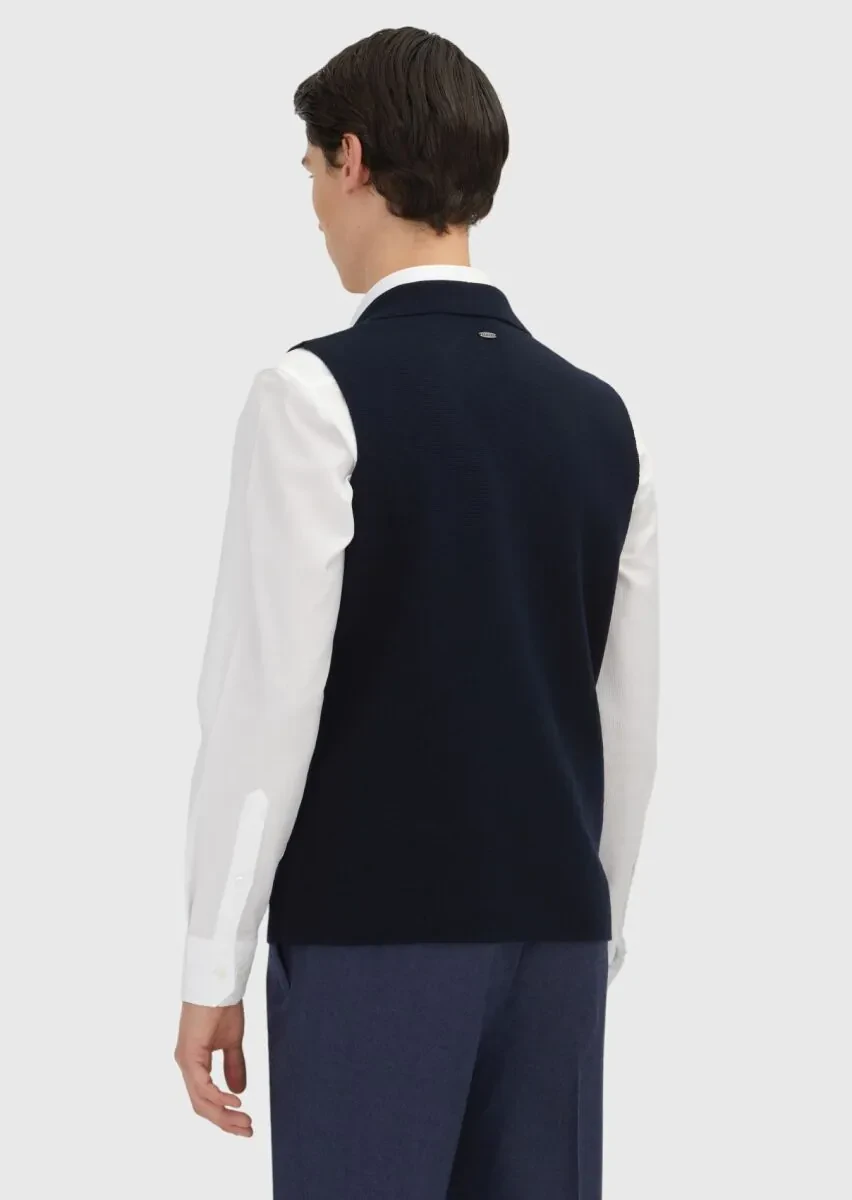 Navy Blue Regular Fit Butterfly Collar Casual Knitting Knit Vest - 4