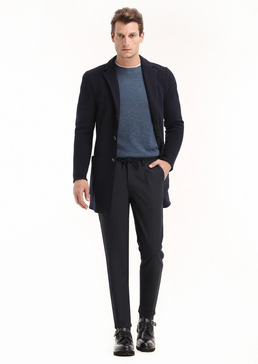 Navy Blue Regular Fit Butterfly Collar Casual Knitting Overcoat - RAMSEY