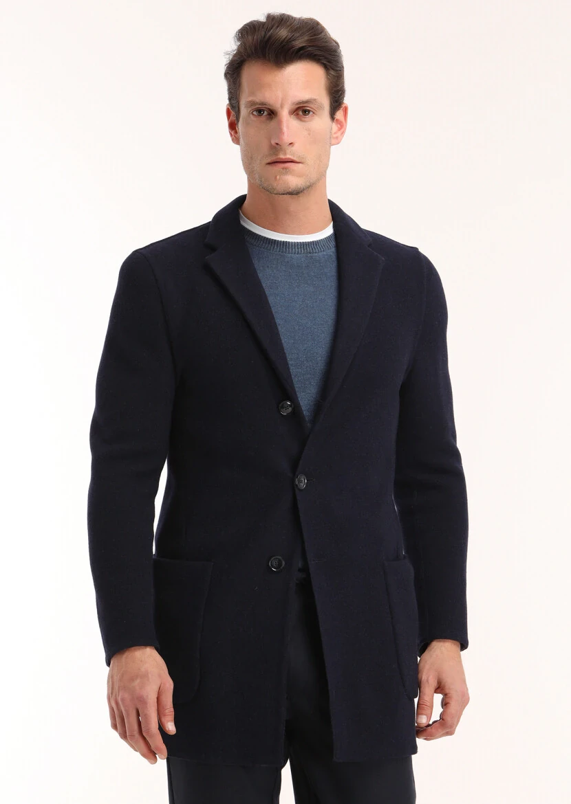 Navy Blue Regular Fit Butterfly Collar Casual Knitting Overcoat - RAMSEY