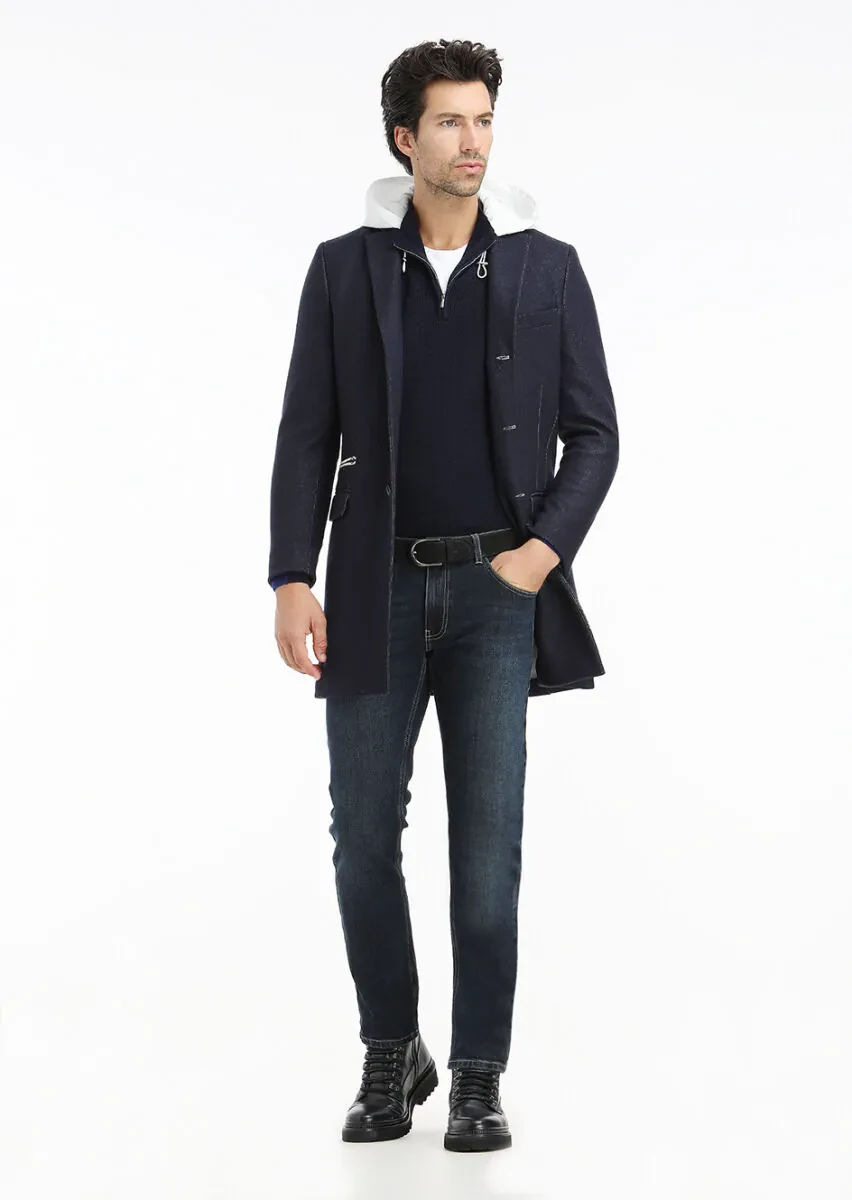 Navy Blue Regular Fit Butterfly Collar Casual Knitting Overcoat - 1