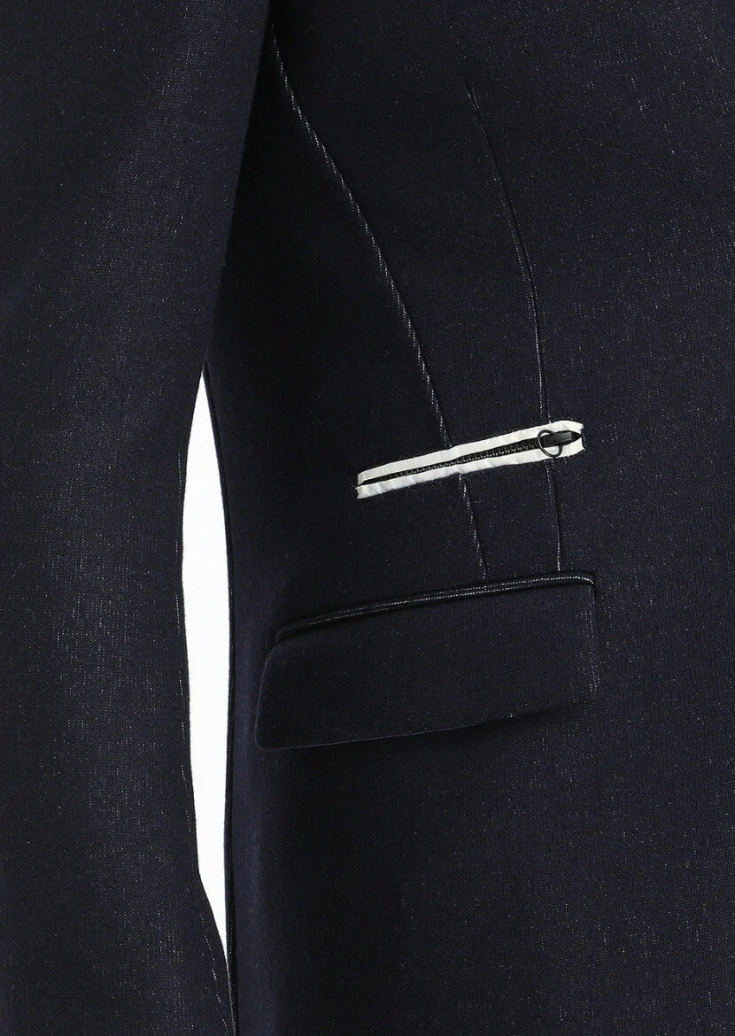 Navy Blue Regular Fit Butterfly Collar Casual Knitting Overcoat - 3