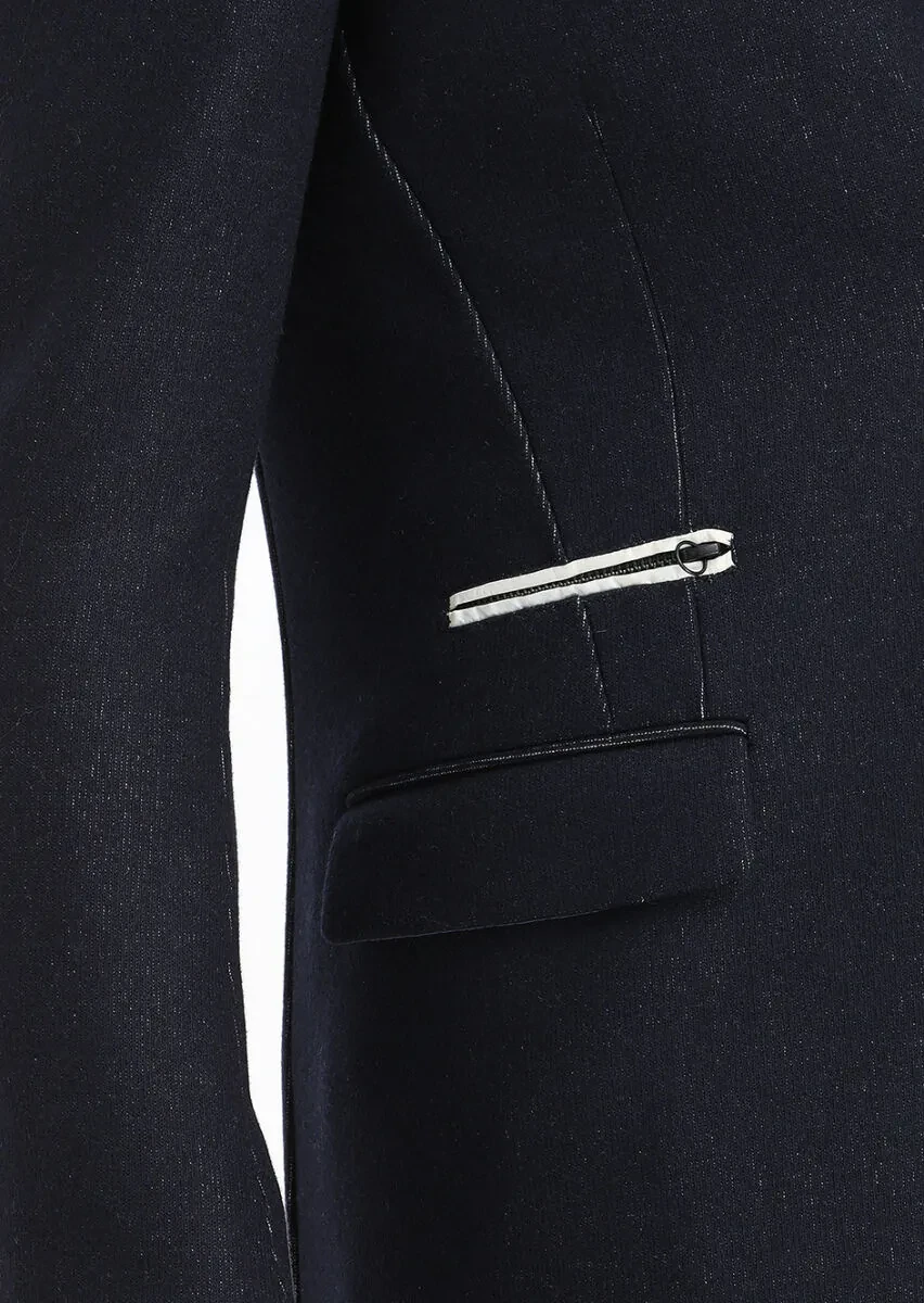 Navy Blue Regular Fit Butterfly Collar Casual Knitting Overcoat - 3