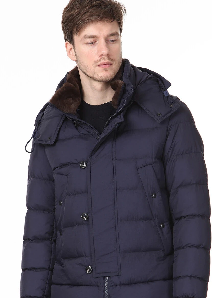 Navy Blue Regular Fit Butterfly Collar Casual Weaving Coat - 2