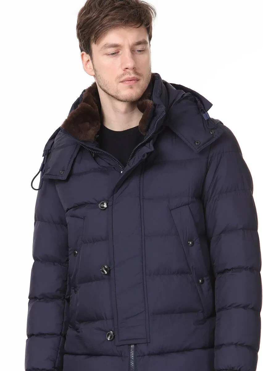 Navy Blue Regular Fit Butterfly Collar Casual Weaving Coat - 2