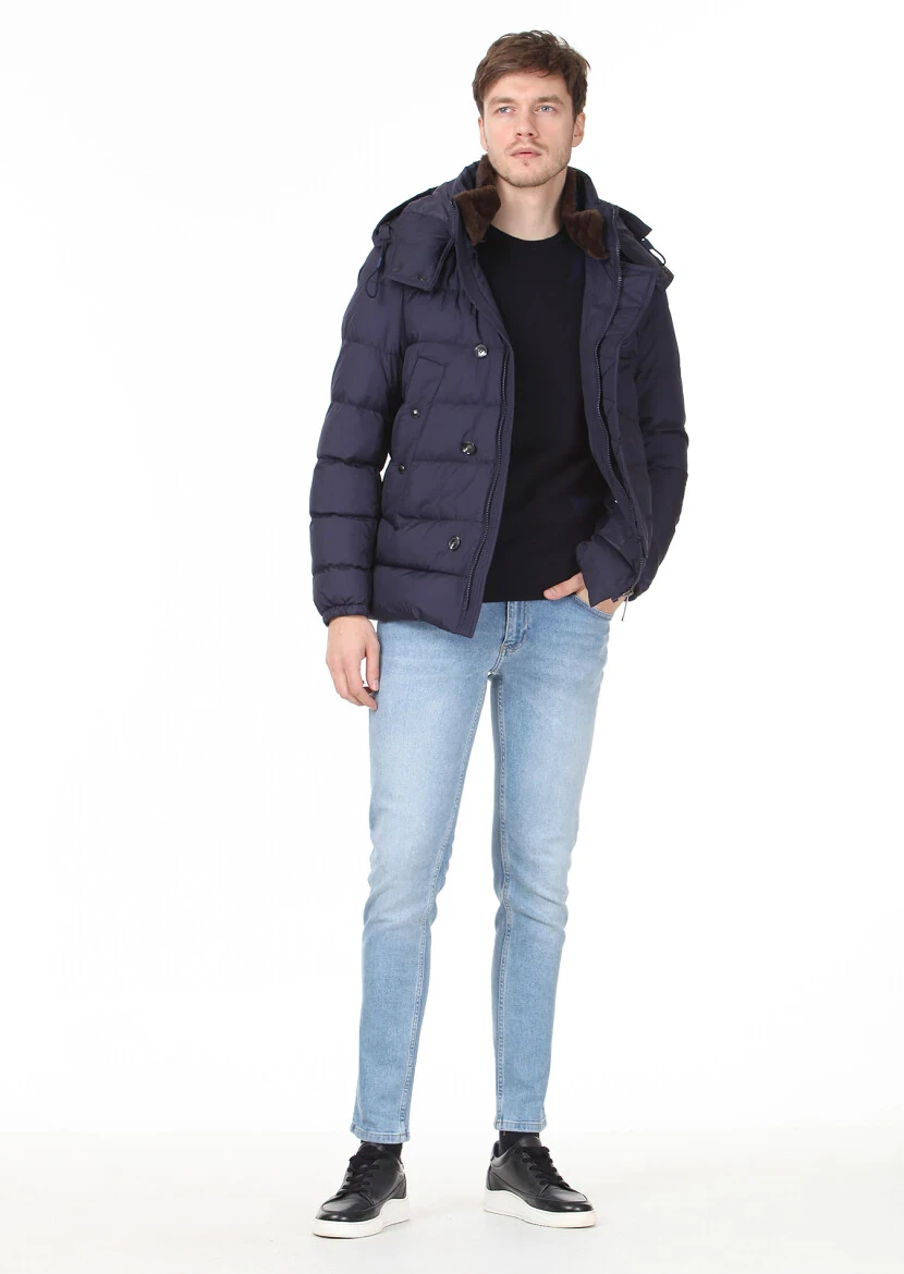 Navy Blue Regular Fit Butterfly Collar Casual Weaving Coat - 3