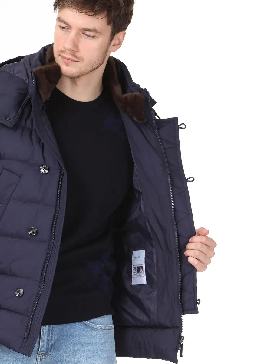 Navy Blue Regular Fit Butterfly Collar Casual Weaving Coat - 7