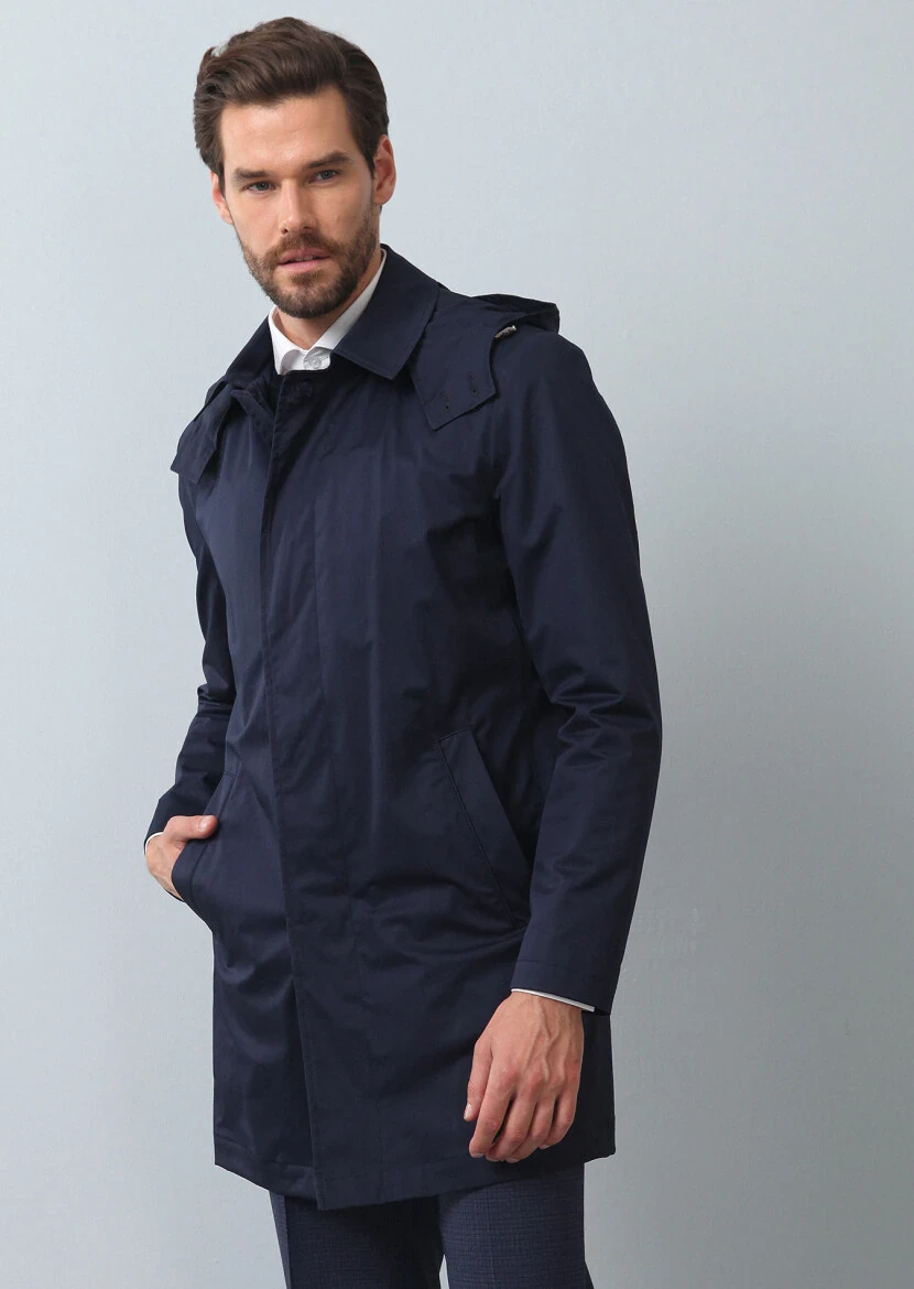 Navy Blue Regular Fit Butterfly Collar Casual Weaving Rain Coat - 1