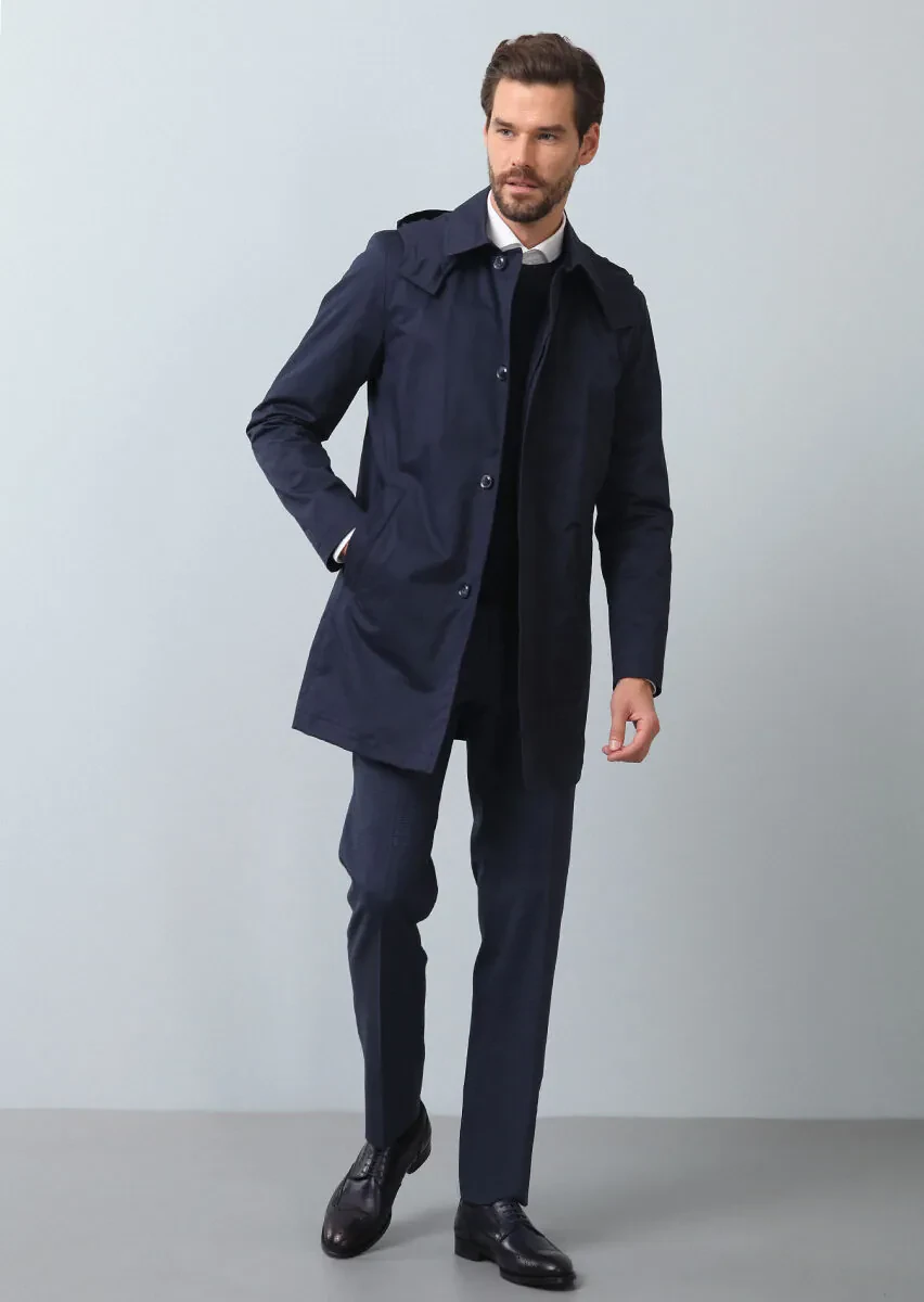 Navy Blue Regular Fit Butterfly Collar Casual Weaving Rain Coat - 4