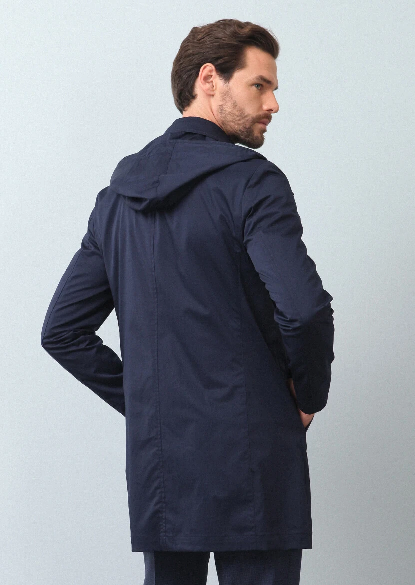 Navy Blue Regular Fit Butterfly Collar Casual Weaving Rain Coat - 5