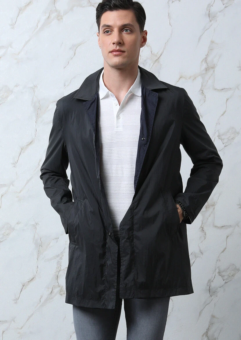 Navy Blue Regular Fit Butterfly Collar Casual Weaving Rain Coat - 2