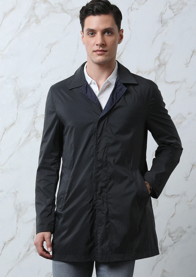 Navy Blue Regular Fit Butterfly Collar Casual Weaving Rain Coat - 3