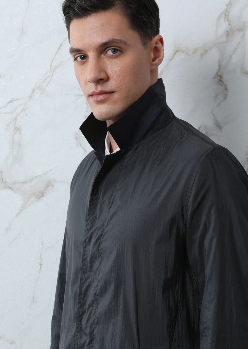 Navy Blue Regular Fit Butterfly Collar Casual Weaving Rain Coat - 4