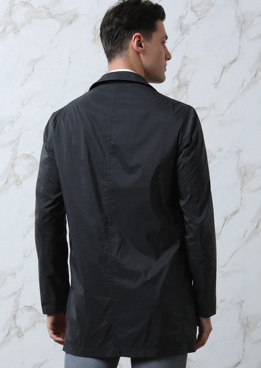 Navy Blue Regular Fit Butterfly Collar Casual Weaving Rain Coat - 5