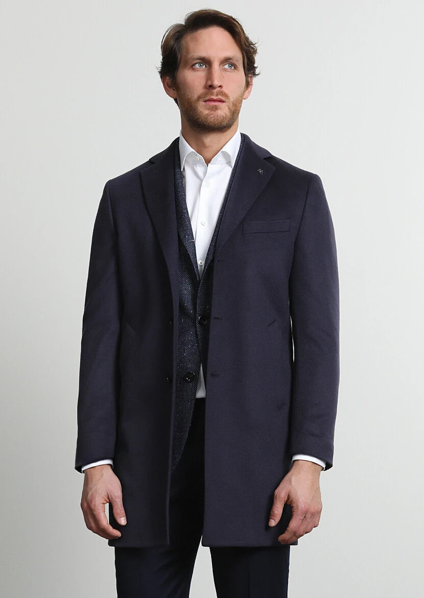 Navy Blue Regular Fit Butterfly Collar Classical Weaving Overcoat - RAMSEY