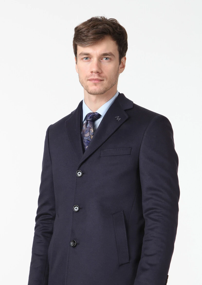 Navy Blue Regular Fit Butterfly Collar Classical Weaving Overcoat - 3