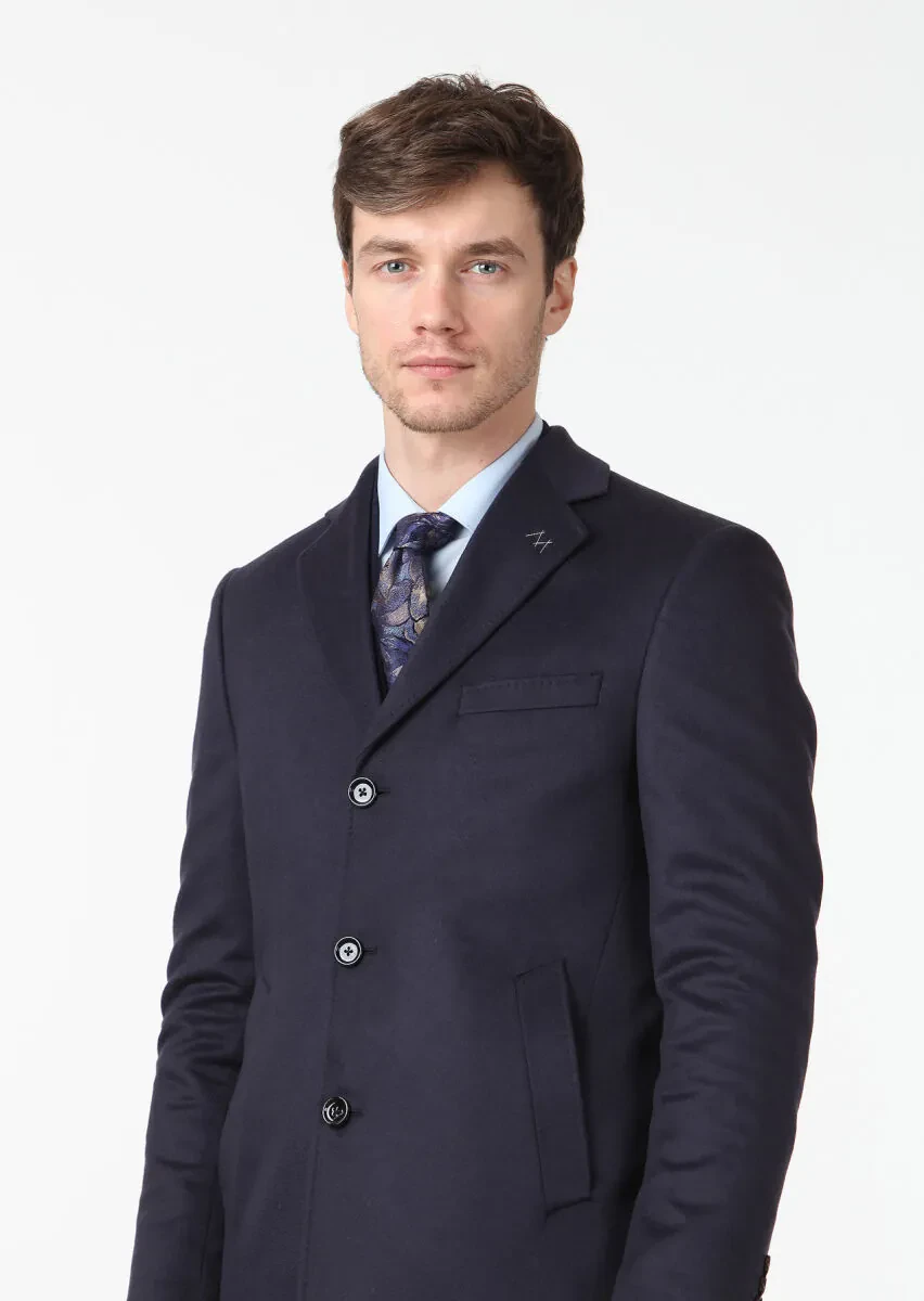 Navy Blue Regular Fit Butterfly Collar Classical Weaving Overcoat - 3