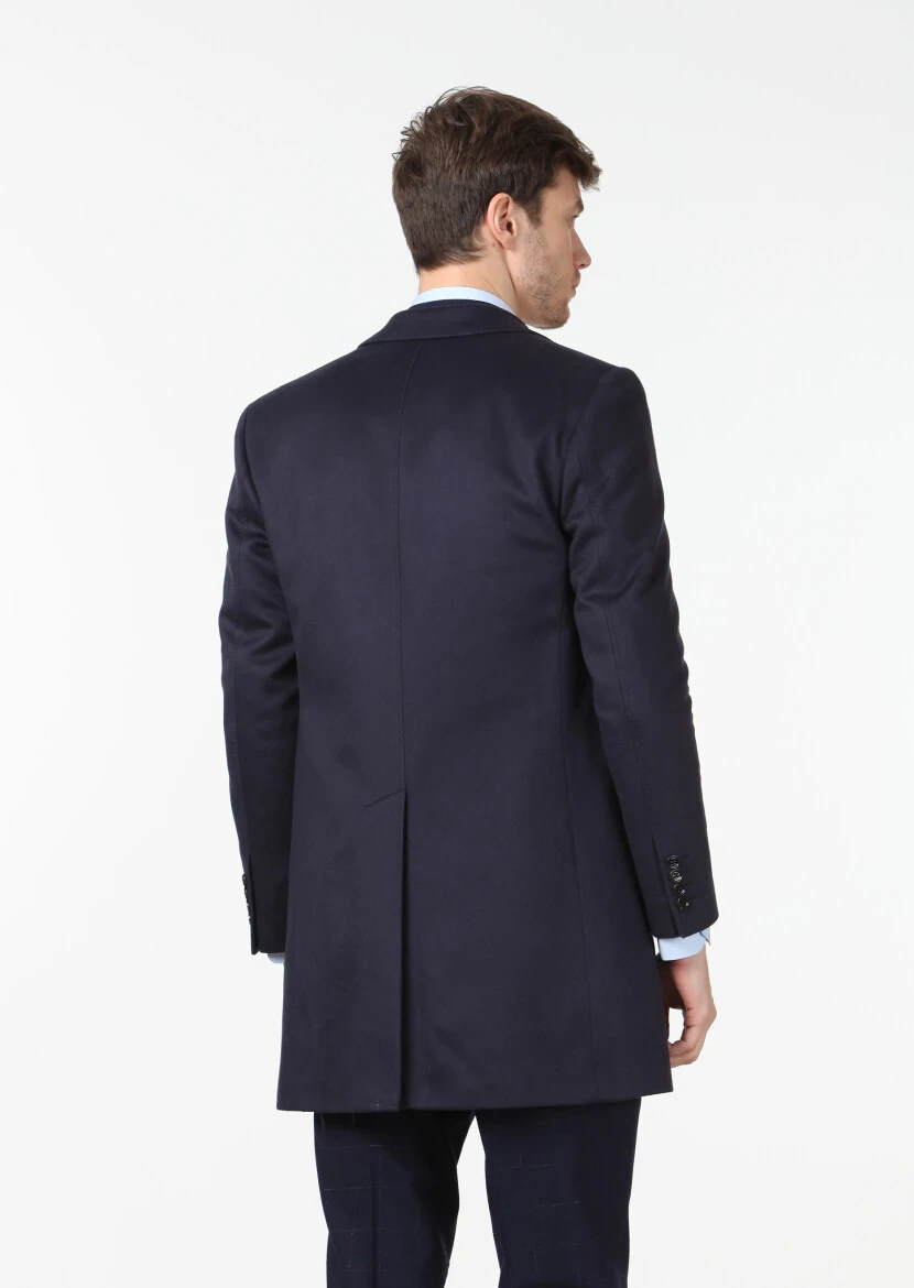 Navy Blue Regular Fit Butterfly Collar Classical Weaving Overcoat - 5