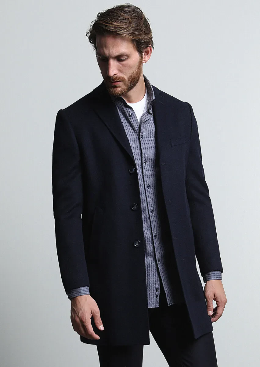 Navy Blue Regular Fit Butterfly Collar Classical Weaving Overcoat - 1