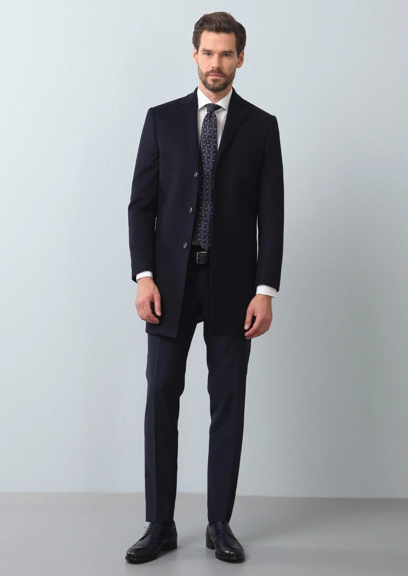 Navy Blue Regular Fit Butterfly Collar Classical Weaving Overcoat - RAMSEY