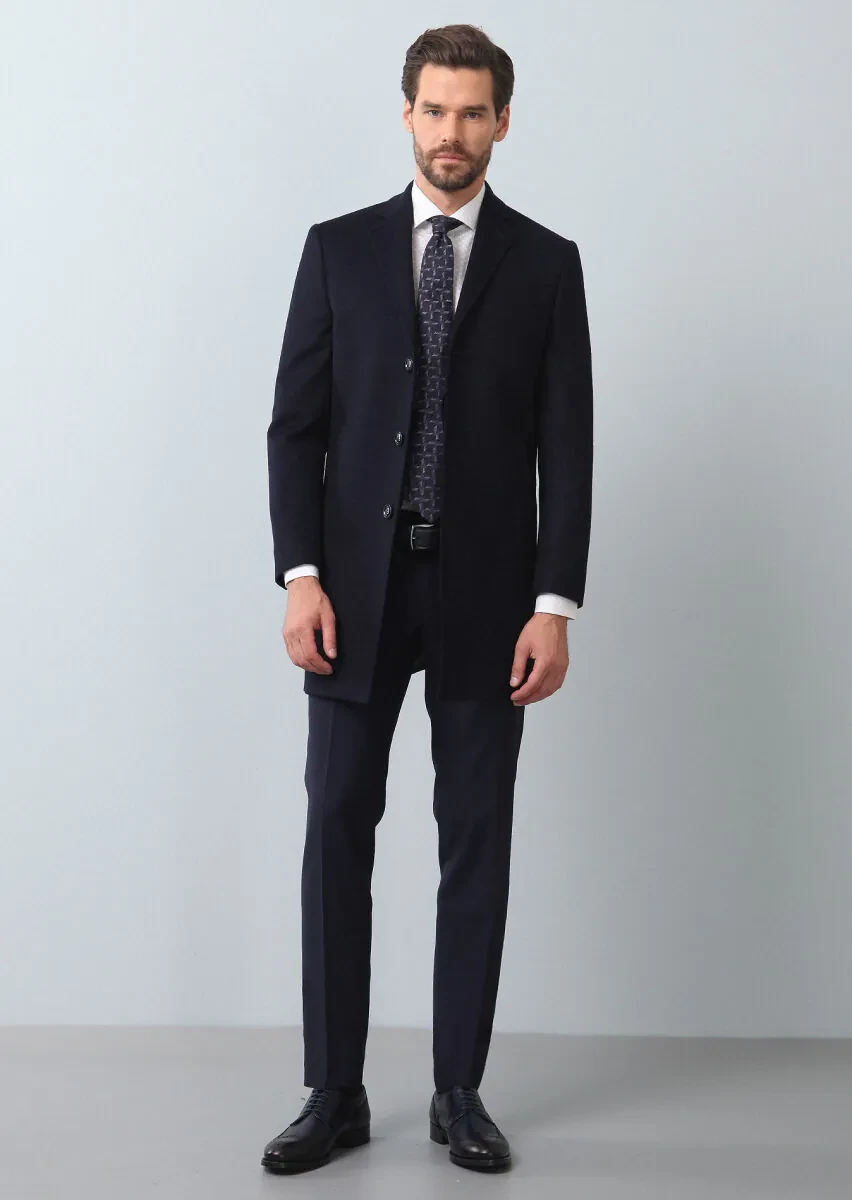 Navy Blue Regular Fit Butterfly Collar Classical Weaving Overcoat - 2