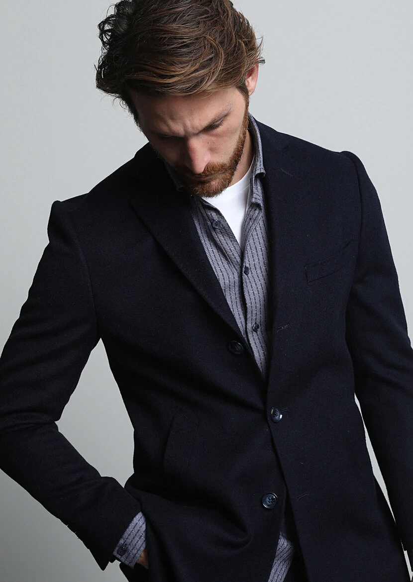 Navy Blue Regular Fit Butterfly Collar Classical Weaving Overcoat - 3