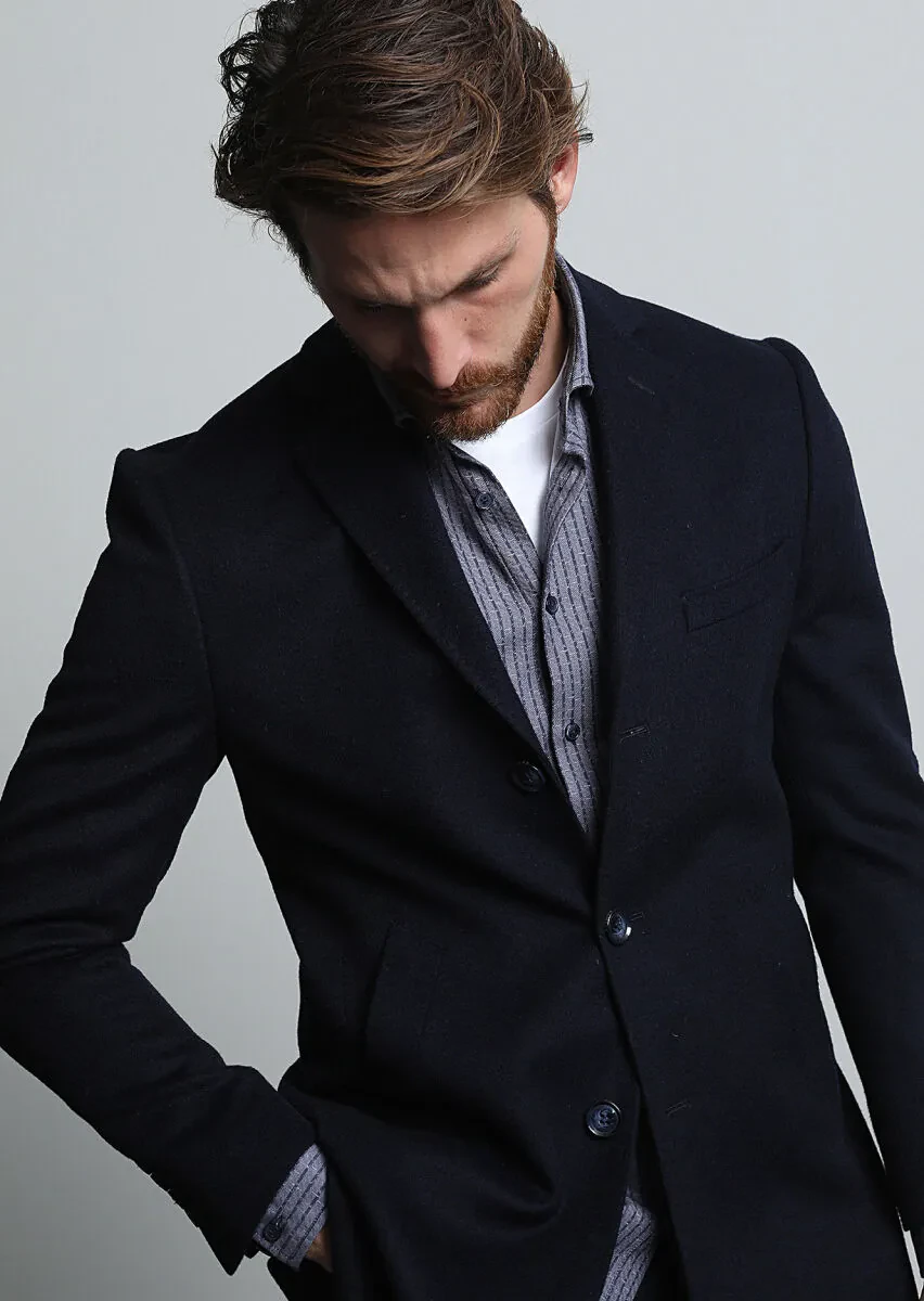 Navy Blue Regular Fit Butterfly Collar Classical Weaving Overcoat - 3