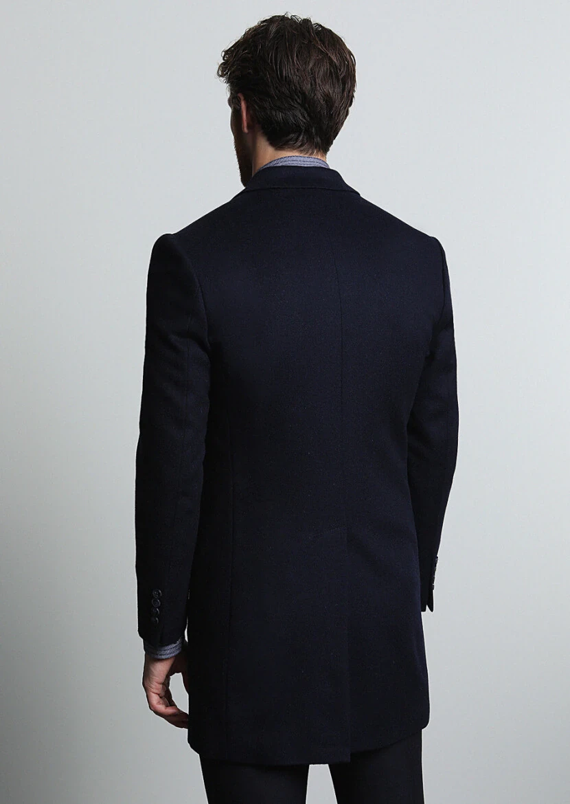 Navy Blue Regular Fit Butterfly Collar Classical Weaving Overcoat - 5