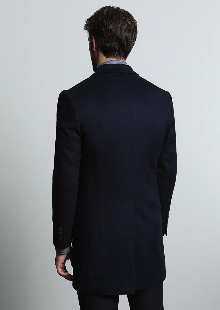 Navy Blue Regular Fit Butterfly Collar Classical Weaving Overcoat - 5