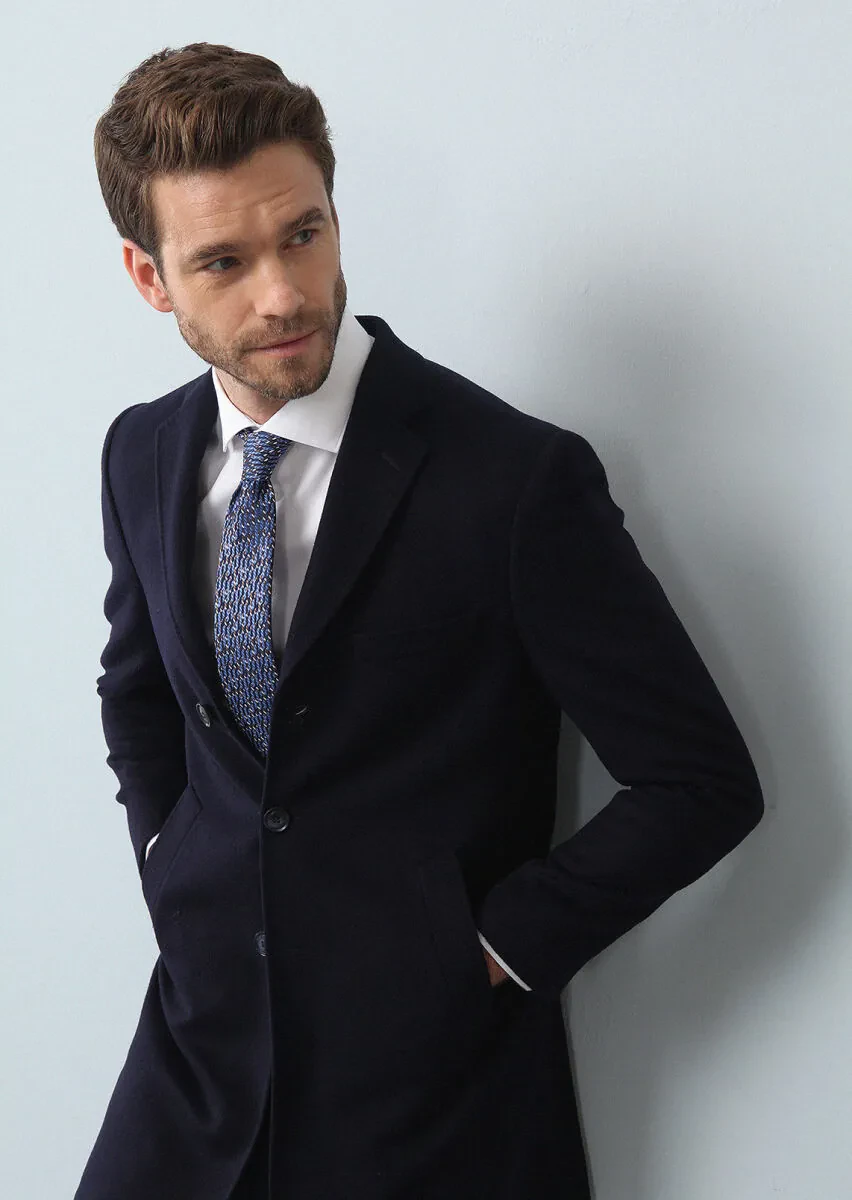 Navy Blue Regular Fit Butterfly Collar Classical Weaving Overcoat - 1