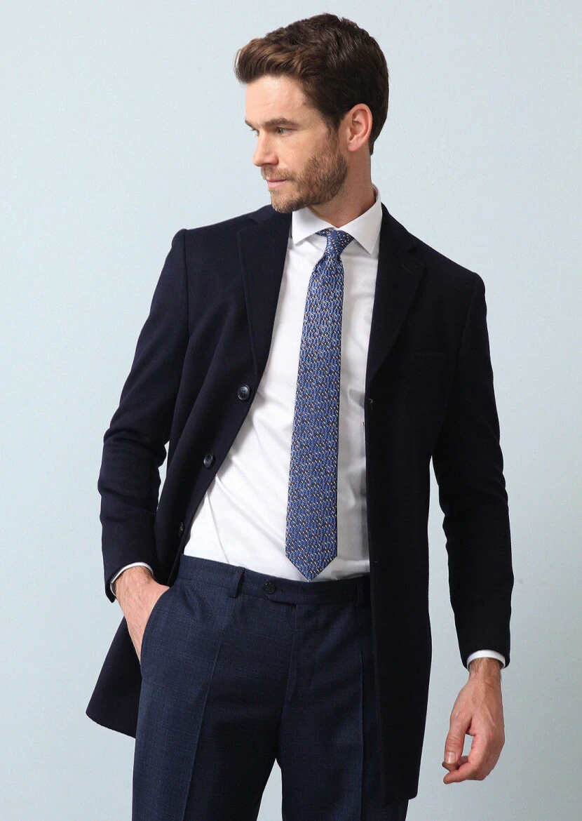 Navy Blue Regular Fit Butterfly Collar Classical Weaving Overcoat - 2