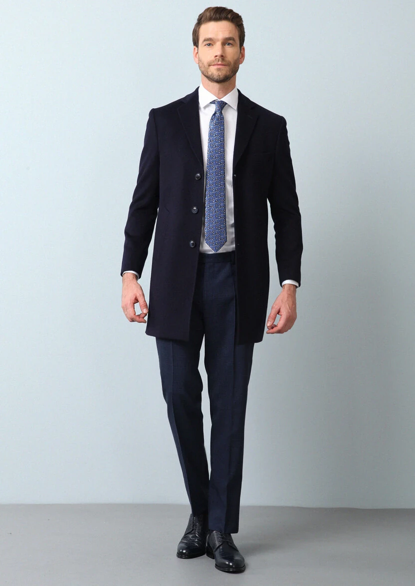 Navy Blue Regular Fit Butterfly Collar Classical Weaving Overcoat - 3