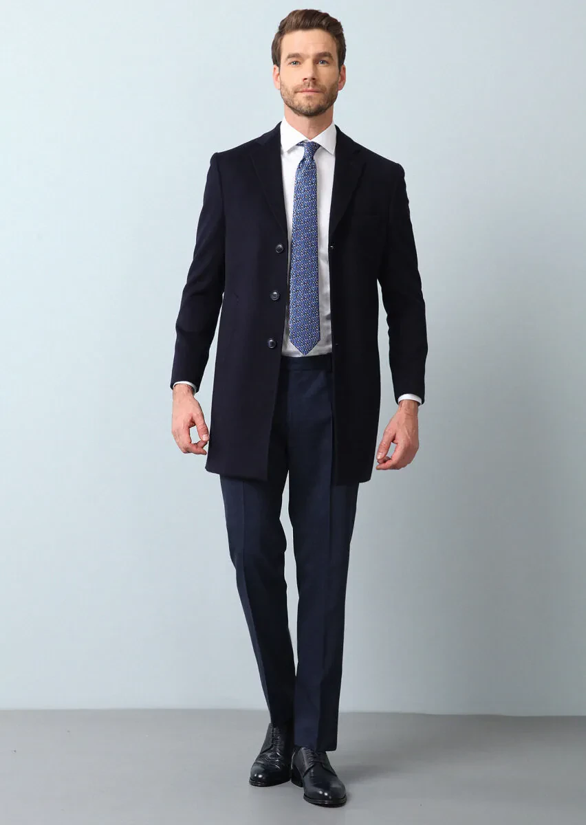 Navy Blue Regular Fit Butterfly Collar Classical Weaving Overcoat - 3