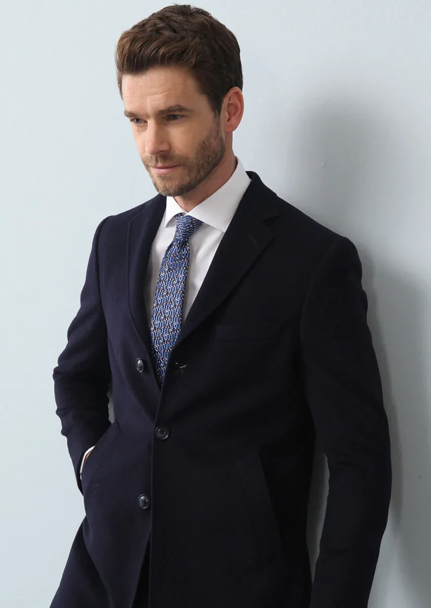 Navy Blue Regular Fit Butterfly Collar Classical Weaving Overcoat - 4