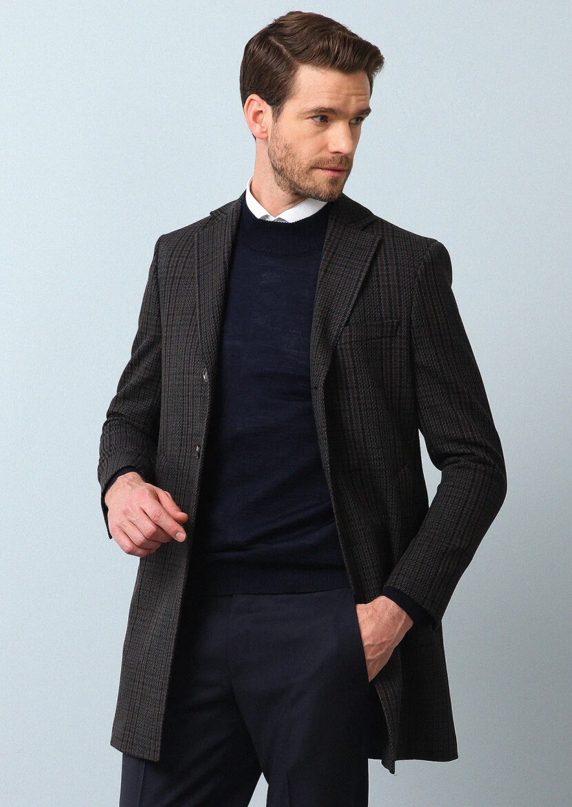 Navy Blue Regular Fit Butterfly Collar Classical Weaving Overcoat - 1