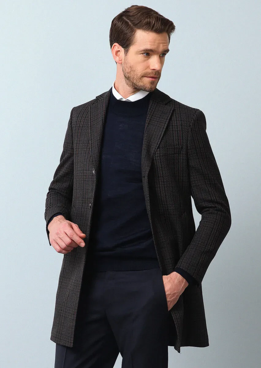 Navy Blue Regular Fit Butterfly Collar Classical Weaving Overcoat - 1