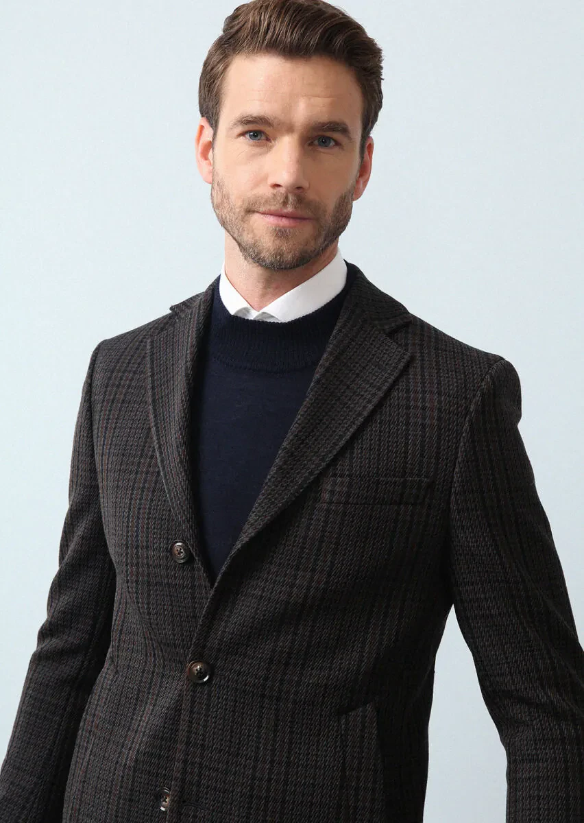 Navy Blue Regular Fit Butterfly Collar Classical Weaving Overcoat - 2