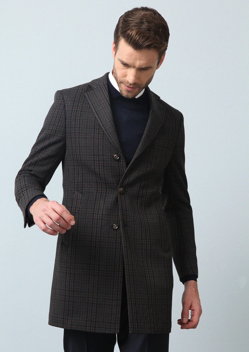 Navy Blue Regular Fit Butterfly Collar Classical Weaving Overcoat - 3