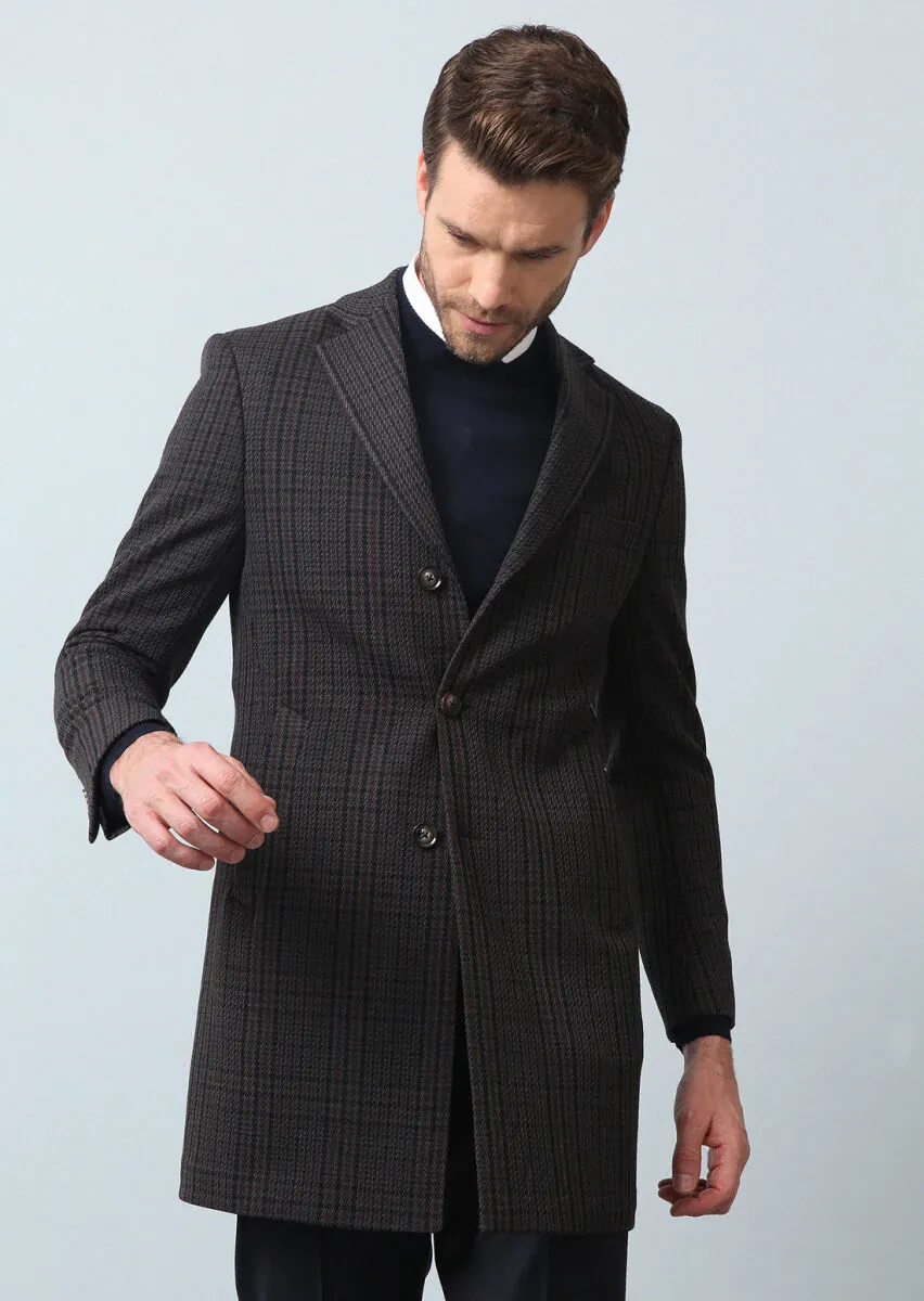 Navy Blue Regular Fit Butterfly Collar Classical Weaving Overcoat - 3