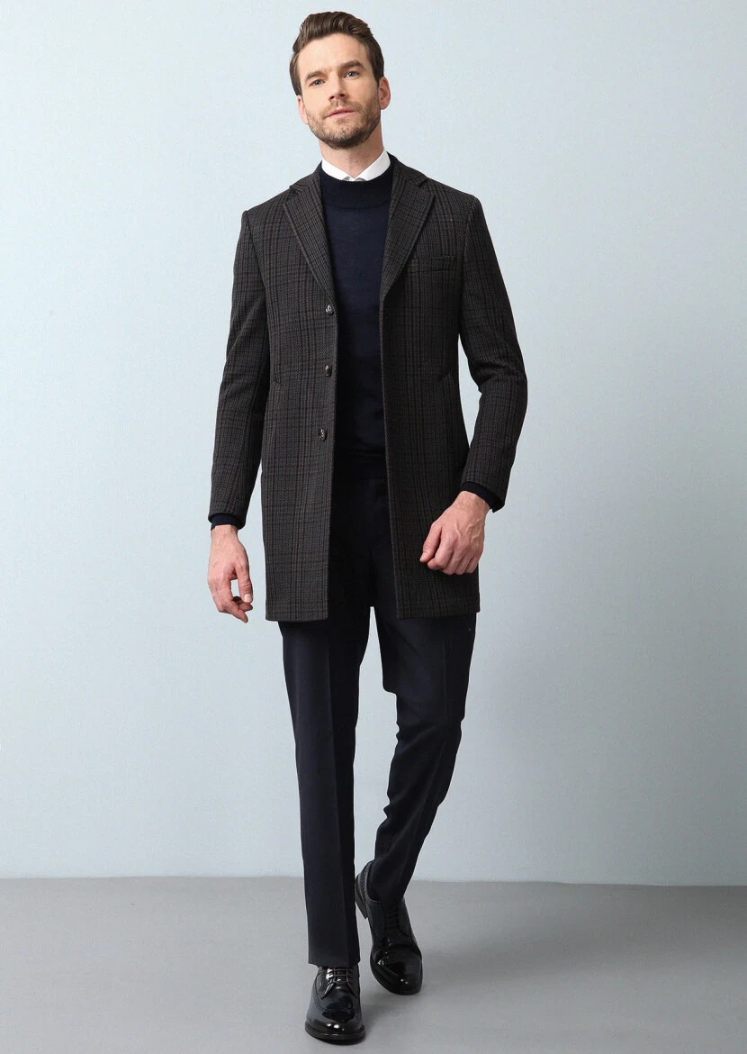 Navy Blue Regular Fit Butterfly Collar Classical Weaving Overcoat - 4