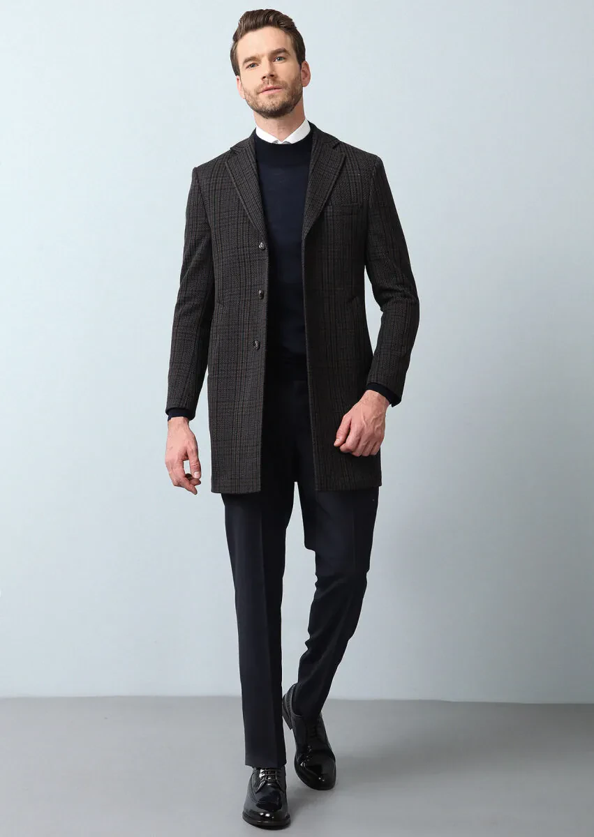 Navy Blue Regular Fit Butterfly Collar Classical Weaving Overcoat - 4