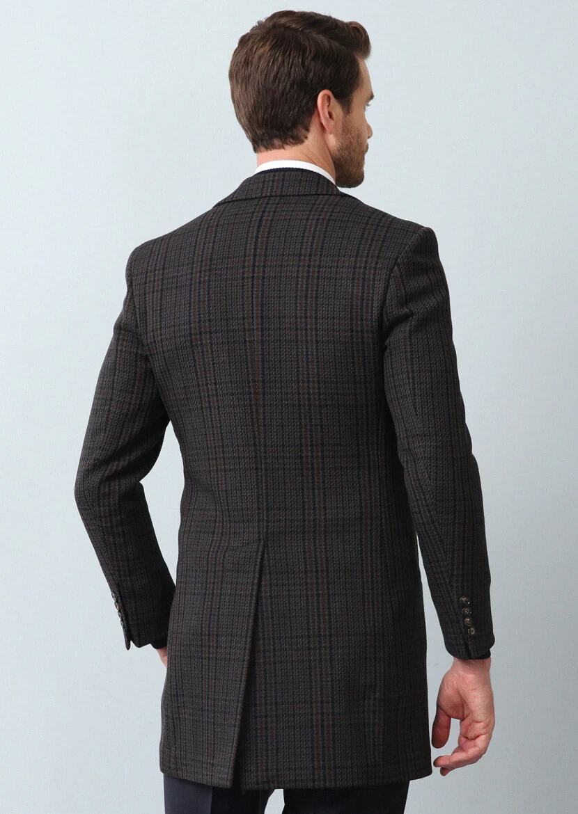 Navy Blue Regular Fit Butterfly Collar Classical Weaving Overcoat - 5